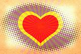Heart halftone grunge background with beams.