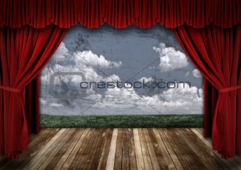 Dramatic Stage With Red Velvet Theater Curtains