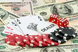 poker background with dollars, aces and dices