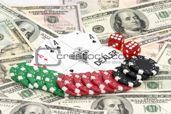 poker background with dollars, aces and dices