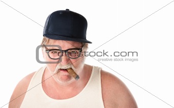Obese man in tee shirt on white background
