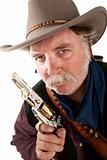 Cowboy with pistol and bullets on white background