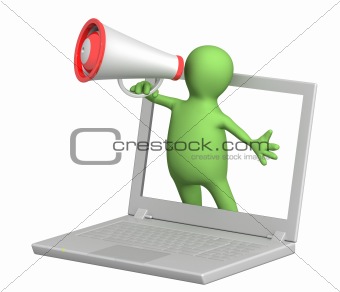 3d puppet with laptop and megaphone 