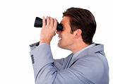 Happy businessman using binoculars 