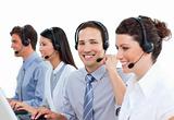 Confident business people talking on headset 