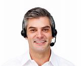 Confident customer service agent with headset on 
