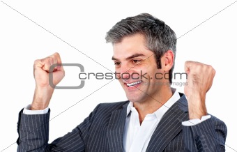 Cheerful businessman punching the air in celebration 