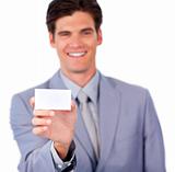 Positive businessman holding a white card 