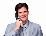 Joyful male executive on phone 