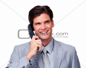 Joyful male executive on phone 