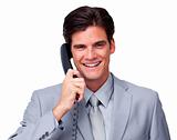 Positive male executive on phone