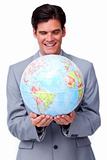 business man holding a globe in white background
