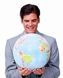 Confident businessman smiling at global business expansion 