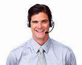 Happy customer service representative with headset on 