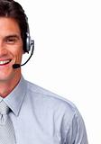 Smiling customer service representative with headset on