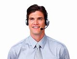 Charming customer service representative with headset on 
