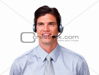 Charming customer service representative with headset on 