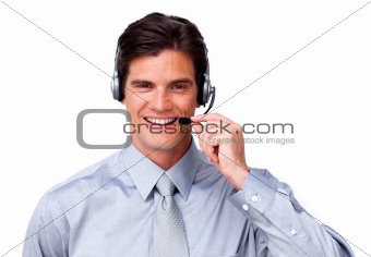Self-assured Businessman talking on headset 