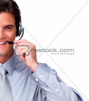 Assertive Businessman talking on headset 