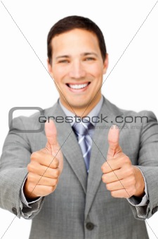 Fortunate businessman with thumbs up 