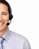 Close-up of a customer service agent with headset on 