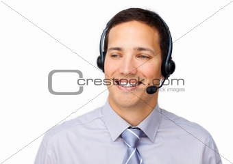 Confident businessman using headset 