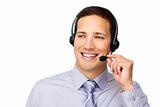 Dashing customer service agent with headset on 