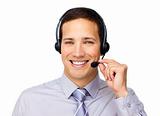 Confident customer service agent using headset 
