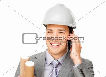 Enthusiastic male architect on phone