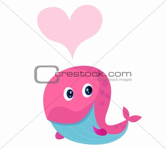 Cute pink whale with heart shape in love