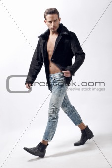 Young male model wearing winter jacket