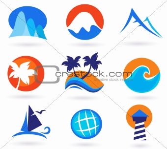 Vacation, travel and holiday summer icons - red, orange, blue