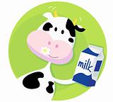 Happy cow with milk box on green background