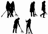 Women, sweeping leaves