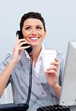 Enthusiastic business woman on phone