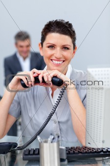 Brunette business woman on phone