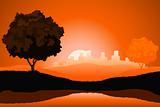 Amazing natural sunrise landscape with tree silhouette and citys