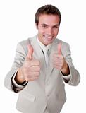 Glorious businessman with thumbs up