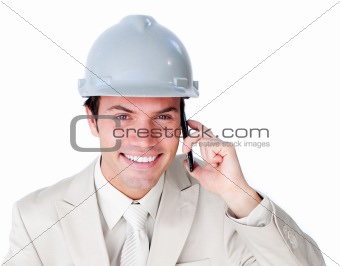 Close-up of a smiling male architect on phone 