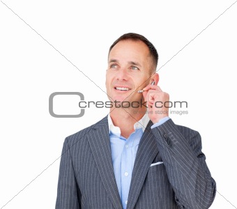 Confident businessman with headset on 