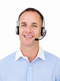 Charming Customer service agent talking on headset 