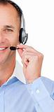 Close-up of a mature Customer service agent talking on headset 