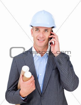 Smiling male engineer talking on phone