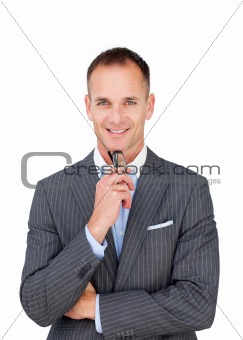 Smiling businessman holding glasses 