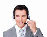 Positive customer service representative using headset