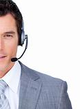 Close-up of a businessman using headset 