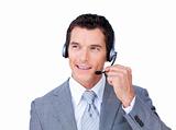 Charming caucasian businessman using headset 