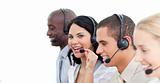 Close-up of joyful business people working in a call center