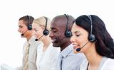 Positive business team working in a call center
