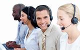 Smiling business team talking on headset